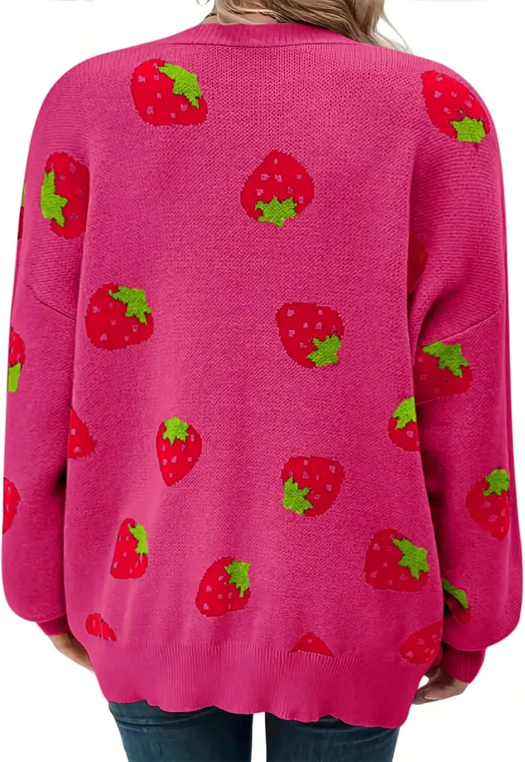 Women's Plus Size Strawberry Floral Print Long Sleeve Open Front Knit Cardigan Sweater