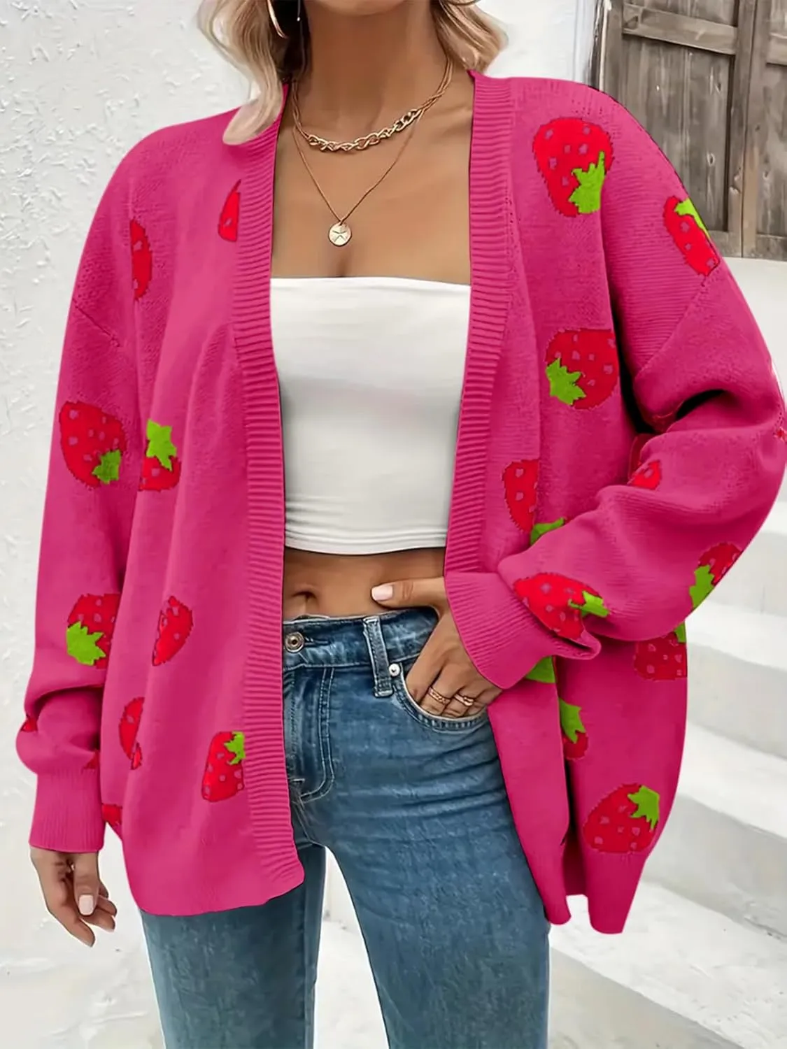 Women's Plus Size Strawberry Floral Print Long Sleeve Open Front Knit Cardigan Sweater
