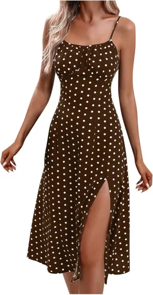 Womens Polka Dot Sundresses Spaghetti Strap Summer Dresses Slim Fit Side Slit Midi Dress Sexy A Line Beach Dress
