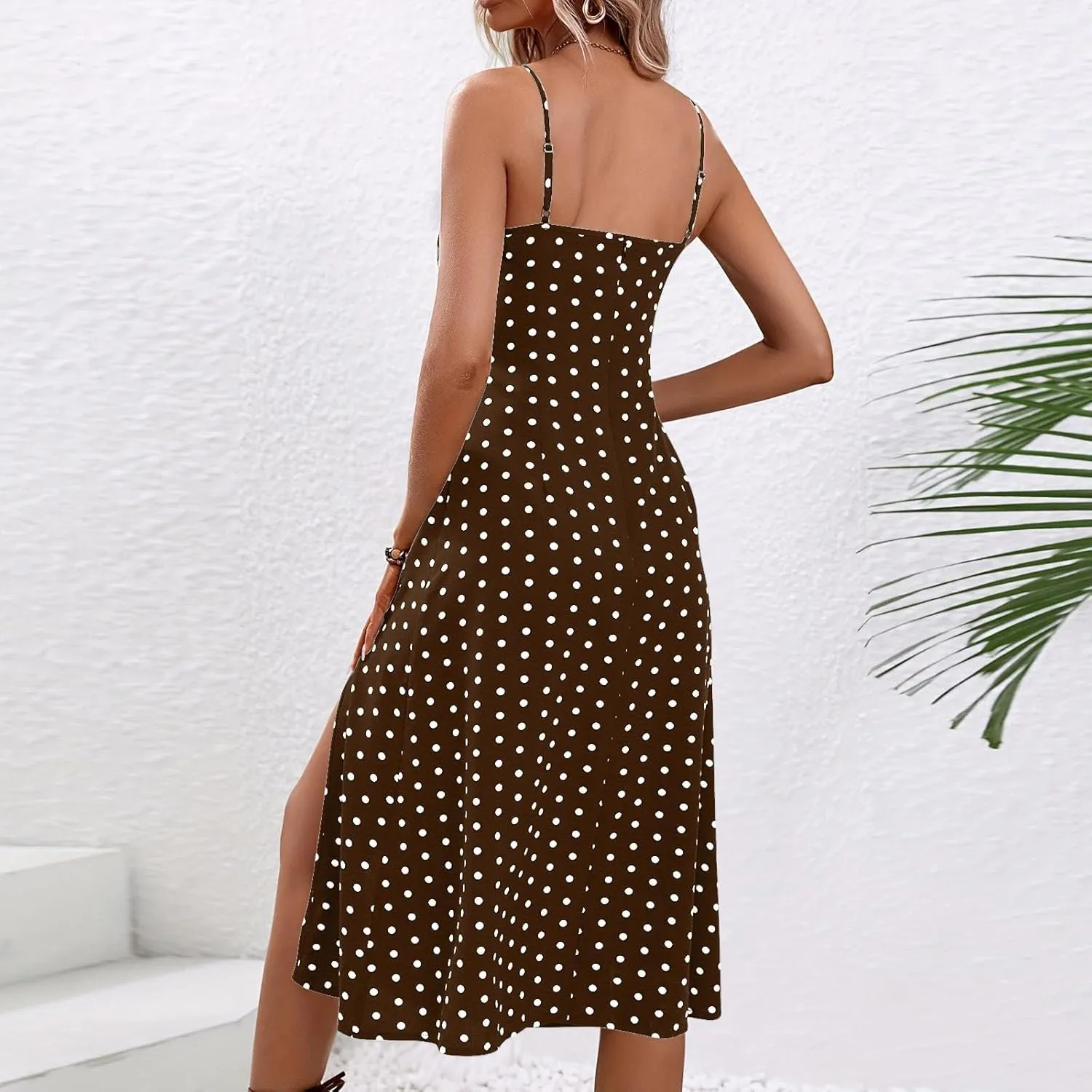 Womens Polka Dot Sundresses Spaghetti Strap Summer Dresses Slim Fit Side Slit Midi Dress Sexy A Line Beach Dress
