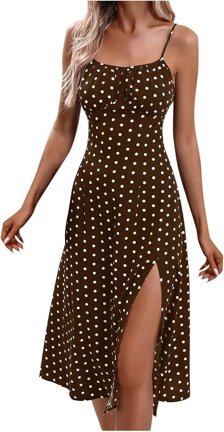 Womens Polka Dot Sundresses Spaghetti Strap Summer Dresses Slim Fit Side Slit Midi Dress Sexy A Line Beach Dress
