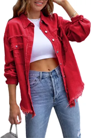 Womens Ripped Distressed Denim Jacket Tops Oversized Casual Long Sleeve Basic Jean Jacket Coats