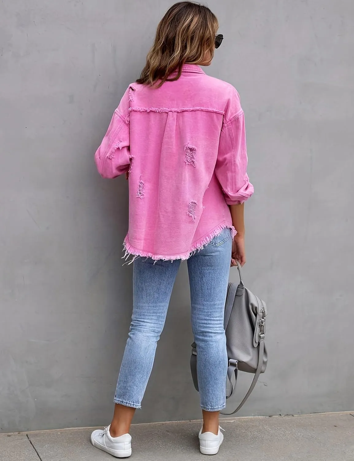 Womens Ripped Distressed Denim Jacket Tops Oversized Casual Long Sleeve Basic Jean Jacket Coats