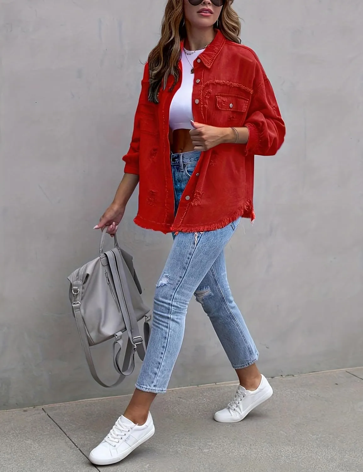 Womens Ripped Distressed Denim Jacket Tops Oversized Casual Long Sleeve Basic Jean Jacket Coats