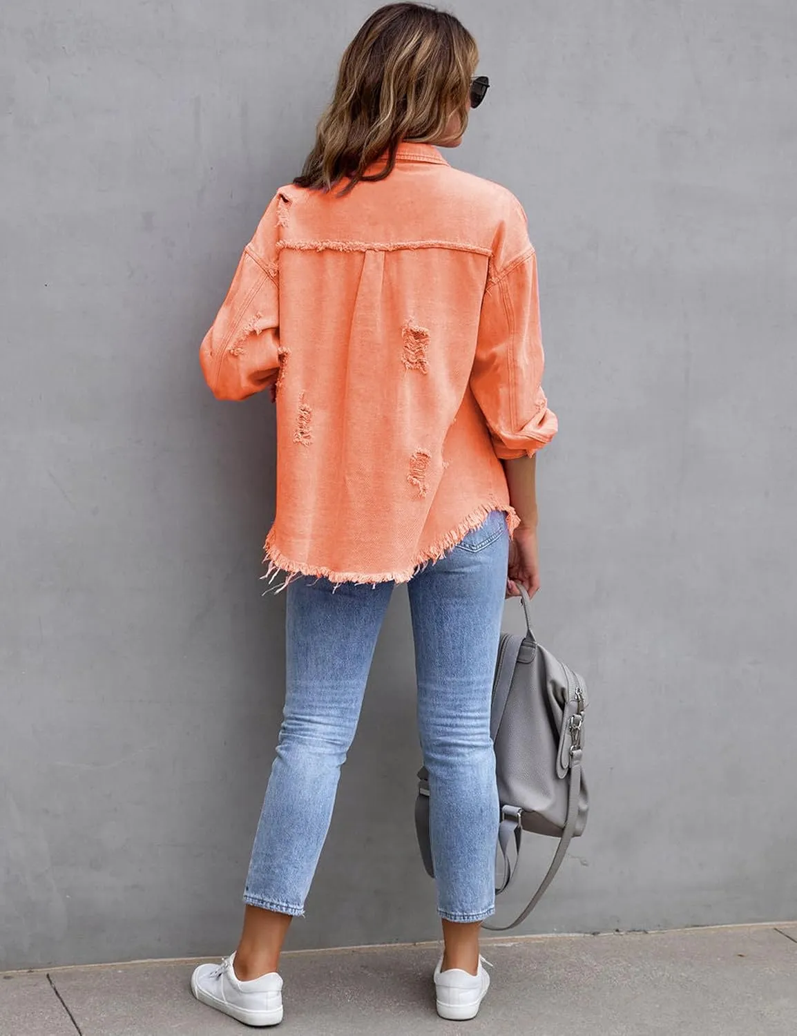 Womens Ripped Distressed Denim Jacket Tops Oversized Casual Long Sleeve Basic Jean Jacket Coats