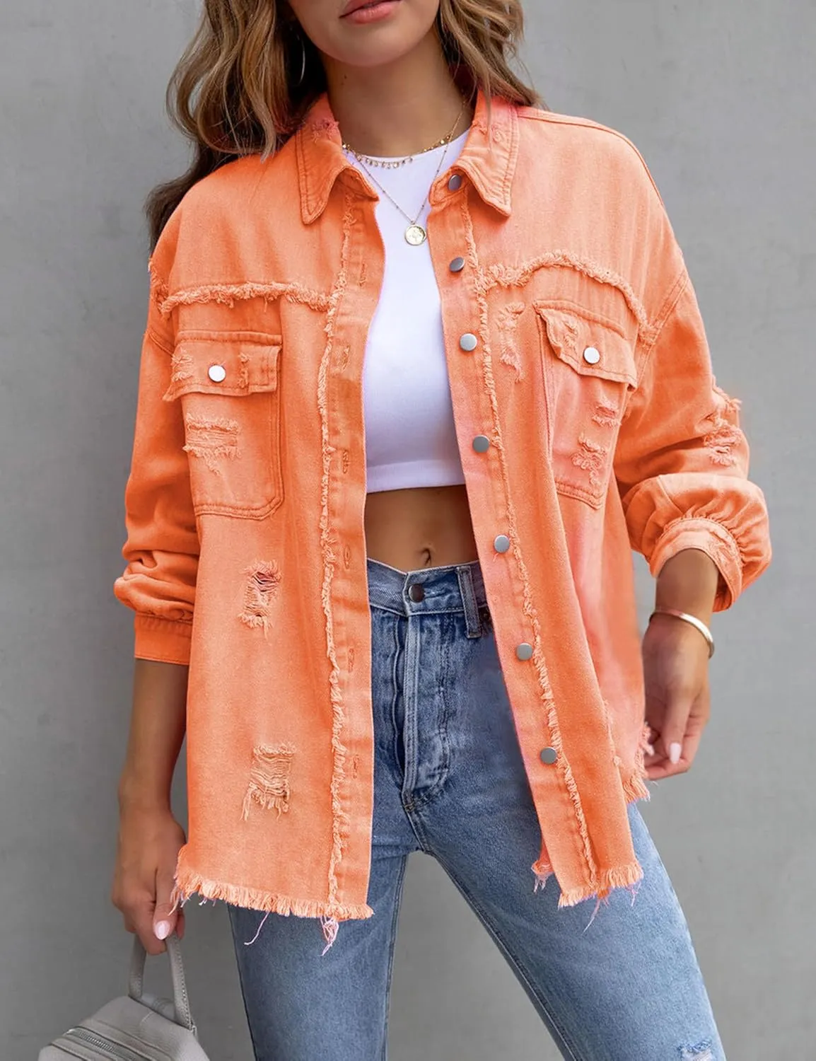 Womens Ripped Distressed Denim Jacket Tops Oversized Casual Long Sleeve Basic Jean Jacket Coats