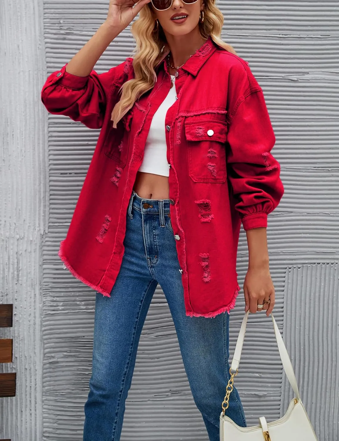 Womens Ripped Distressed Denim Jacket Tops Oversized Casual Long Sleeve Basic Jean Jacket Coats