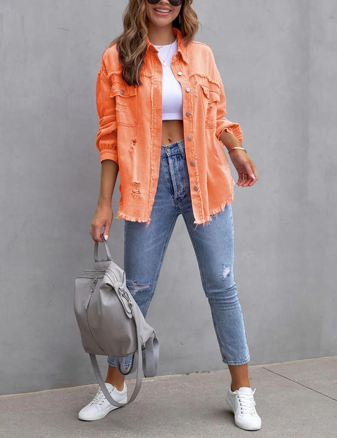 Womens Ripped Distressed Denim Jacket Tops Oversized Casual Long Sleeve Basic Jean Jacket Coats