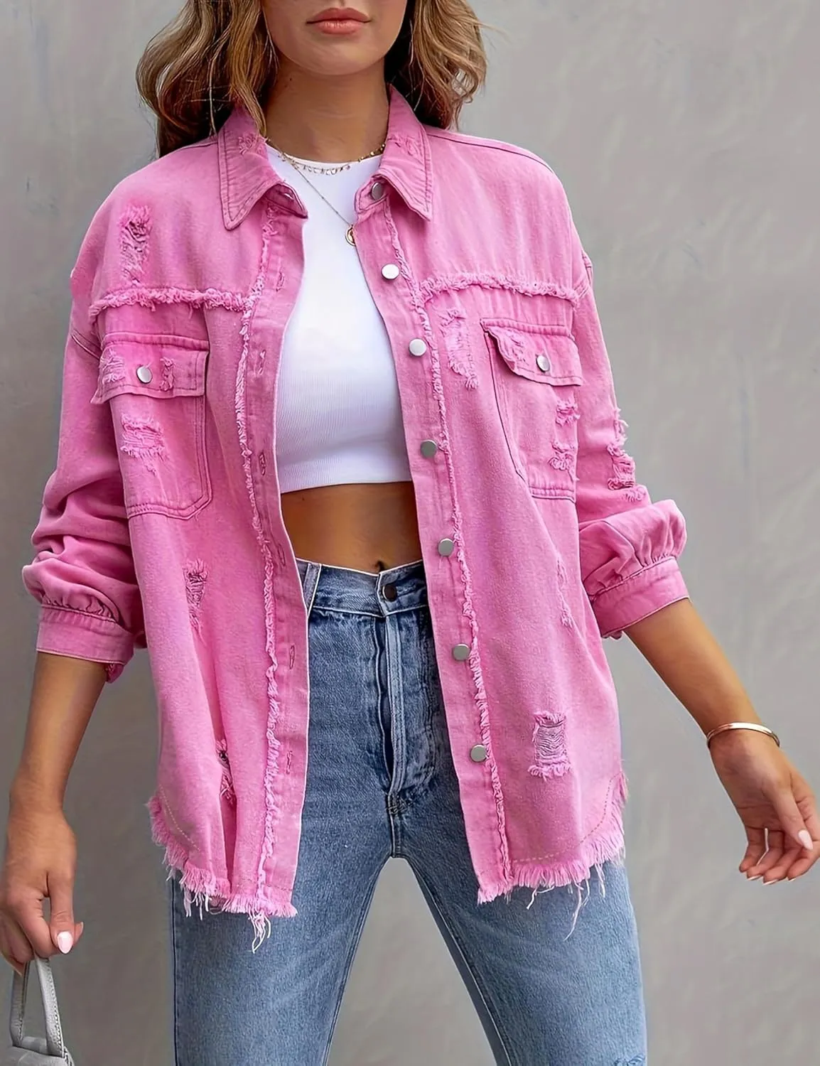 Womens Ripped Distressed Denim Jacket Tops Oversized Casual Long Sleeve Basic Jean Jacket Coats
