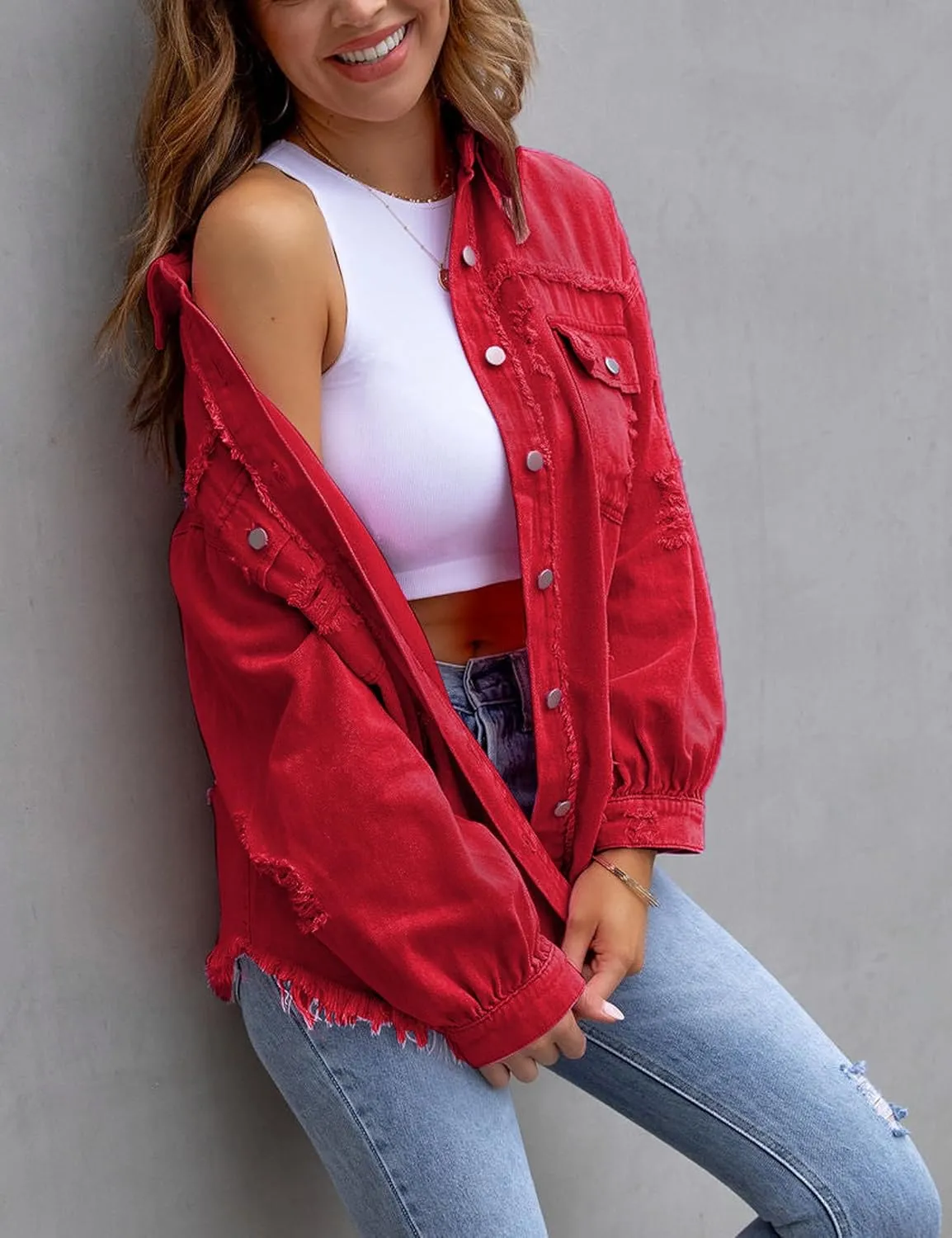 Womens Ripped Distressed Denim Jacket Tops Oversized Casual Long Sleeve Basic Jean Jacket Coats