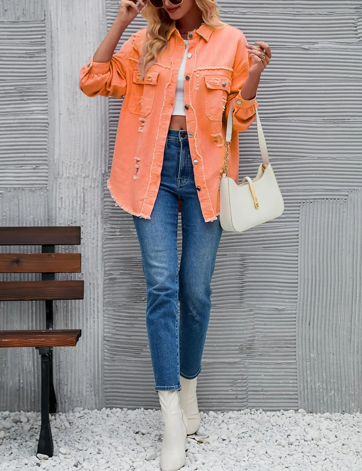Womens Ripped Distressed Denim Jacket Tops Oversized Casual Long Sleeve Basic Jean Jacket Coats