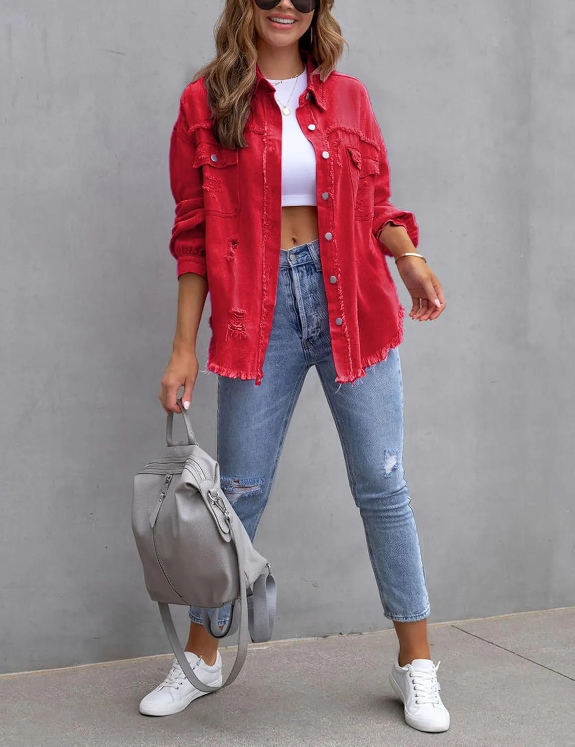 Womens Ripped Distressed Denim Jacket Tops Oversized Casual Long Sleeve Basic Jean Jacket Coats
