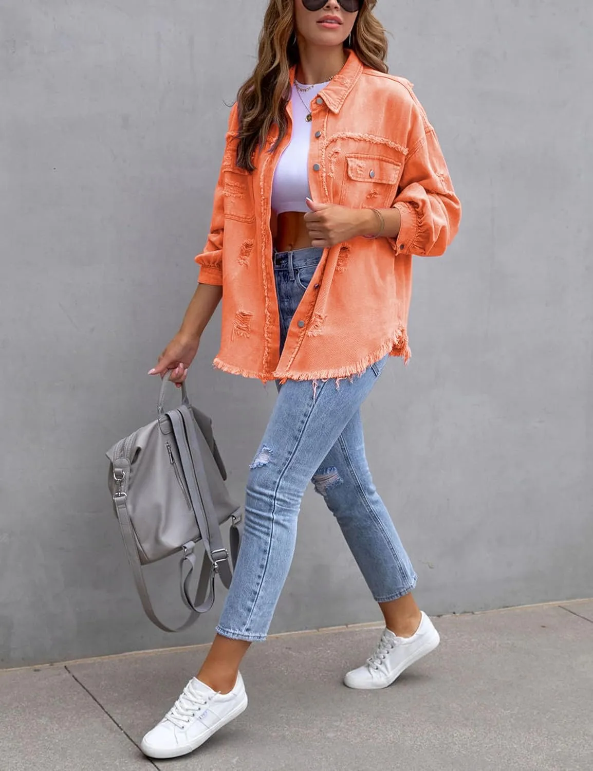 Womens Ripped Distressed Denim Jacket Tops Oversized Casual Long Sleeve Basic Jean Jacket Coats