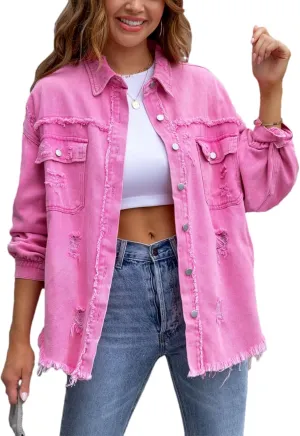 Womens Ripped Distressed Denim Jacket Tops Oversized Casual Long Sleeve Basic Jean Jacket Coats