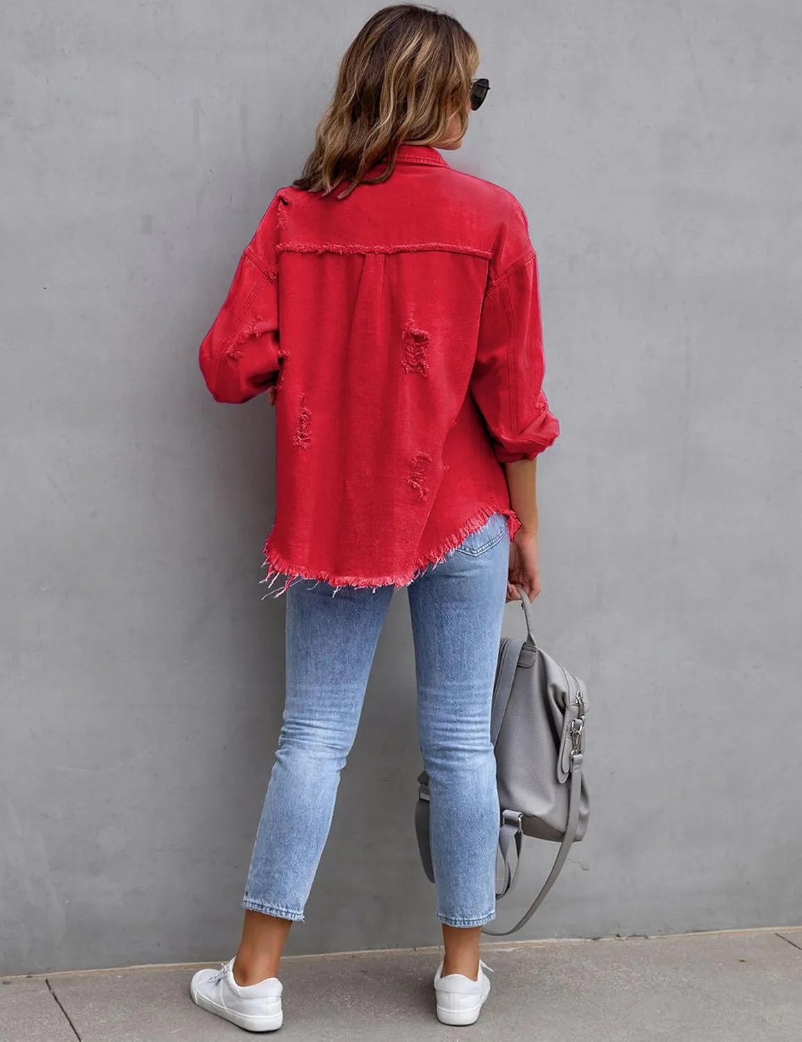 Womens Ripped Distressed Denim Jacket Tops Oversized Casual Long Sleeve Basic Jean Jacket Coats