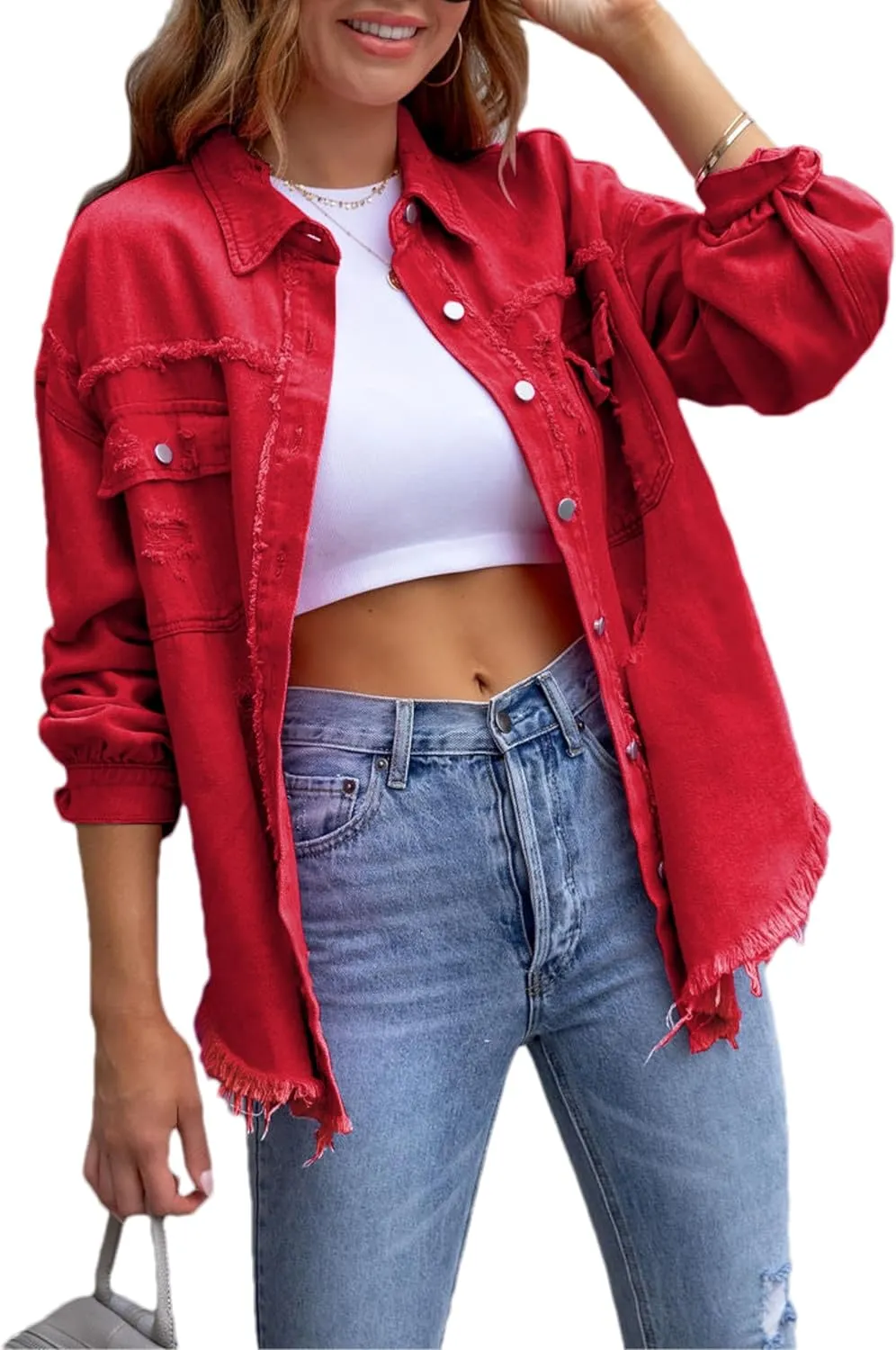 Womens Ripped Distressed Denim Jacket Tops Oversized Casual Long Sleeve Basic Jean Jacket Coats