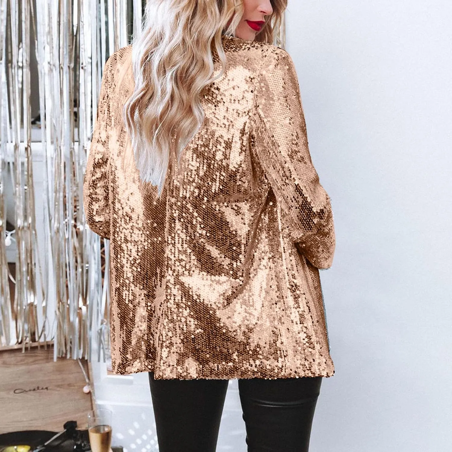 Women's Sequin Blazer Jacket Lightweight Casual Long Sleeves Cardigan Coat Evening Glitter Sparkle Sequins Shiny Outfit