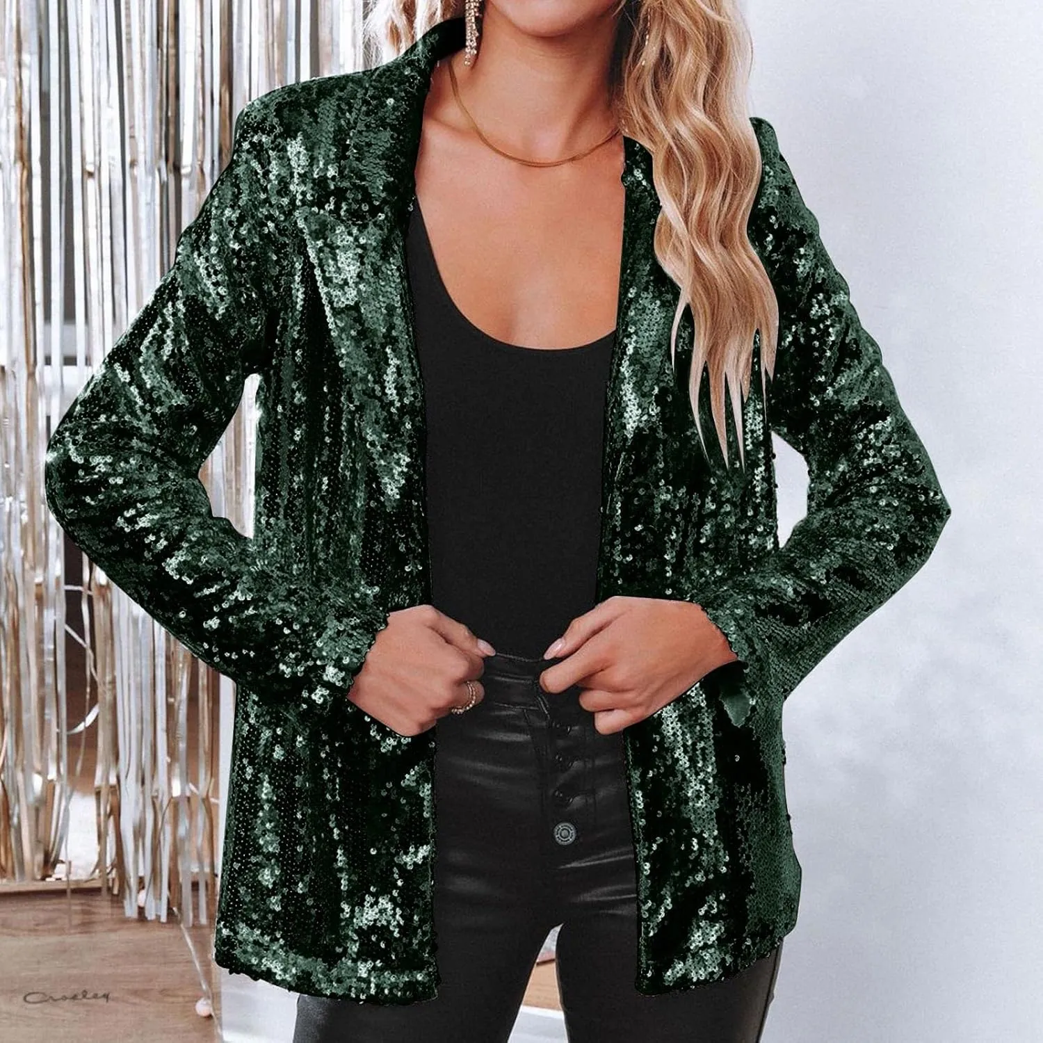 Women's Sequin Blazer Jacket Lightweight Casual Long Sleeves Cardigan Coat Evening Glitter Sparkle Sequins Shiny Outfit