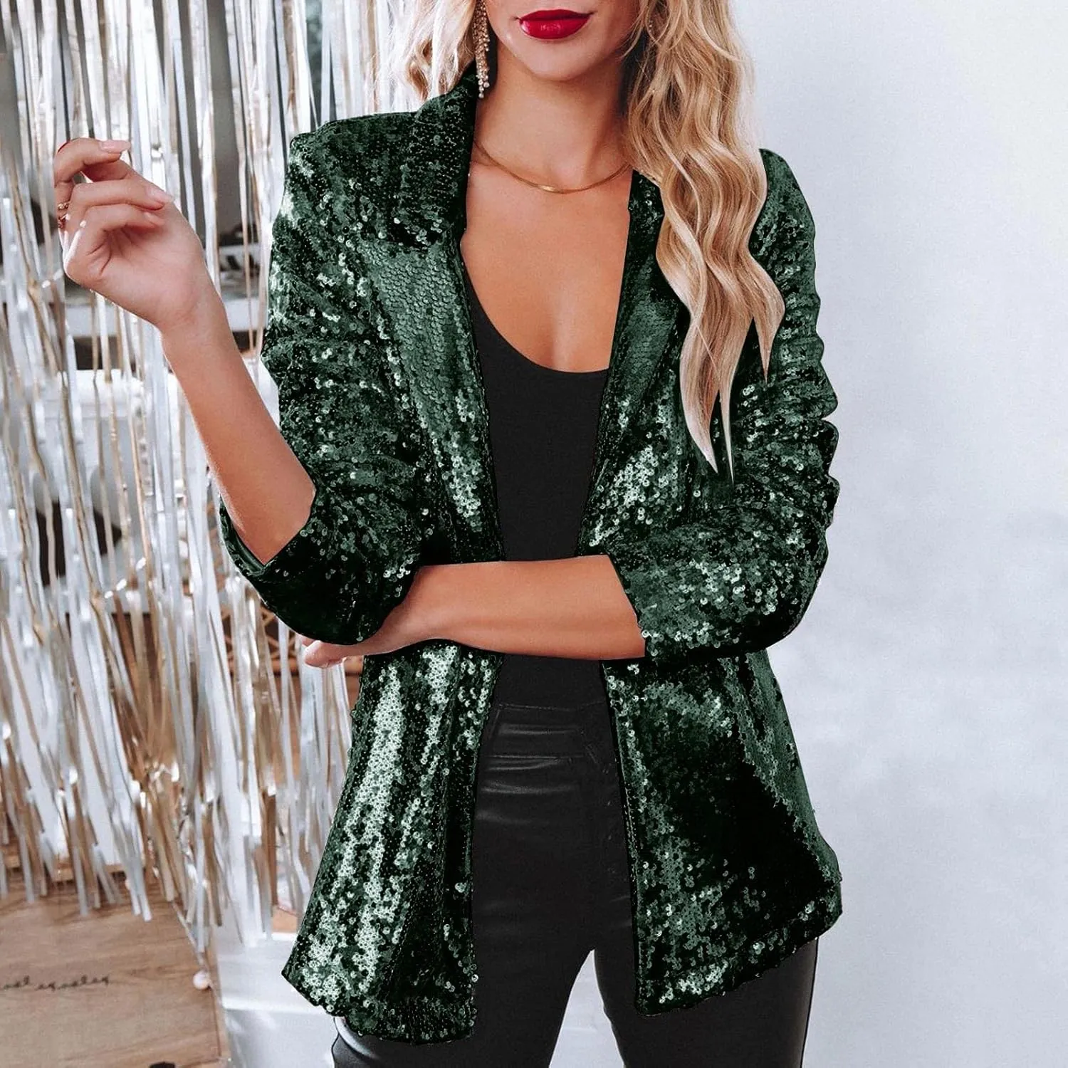 Women's Sequin Blazer Jacket Lightweight Casual Long Sleeves Cardigan Coat Evening Glitter Sparkle Sequins Shiny Outfit