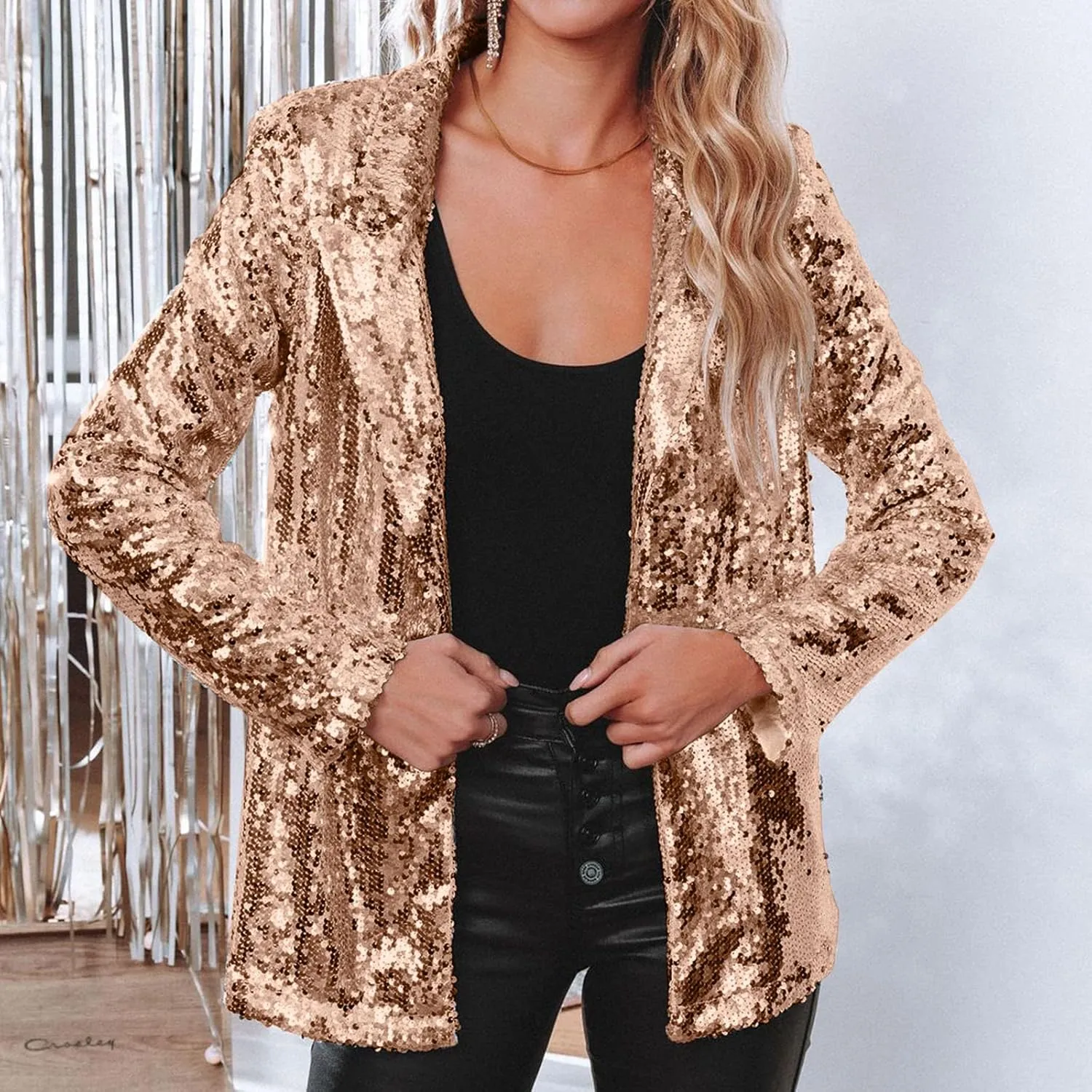 Women's Sequin Blazer Jacket Lightweight Casual Long Sleeves Cardigan Coat Evening Glitter Sparkle Sequins Shiny Outfit