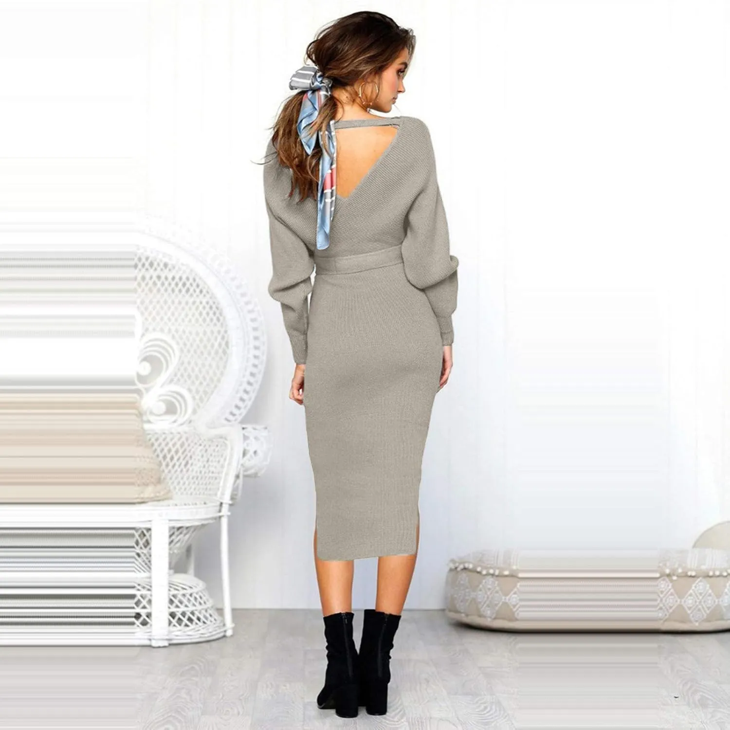 Women's Sexy Cocktail Batwing Long Sleeve Wrap Knit Sweater Dress Fashion V Neck Bodycon Pencil Midi Dresses
