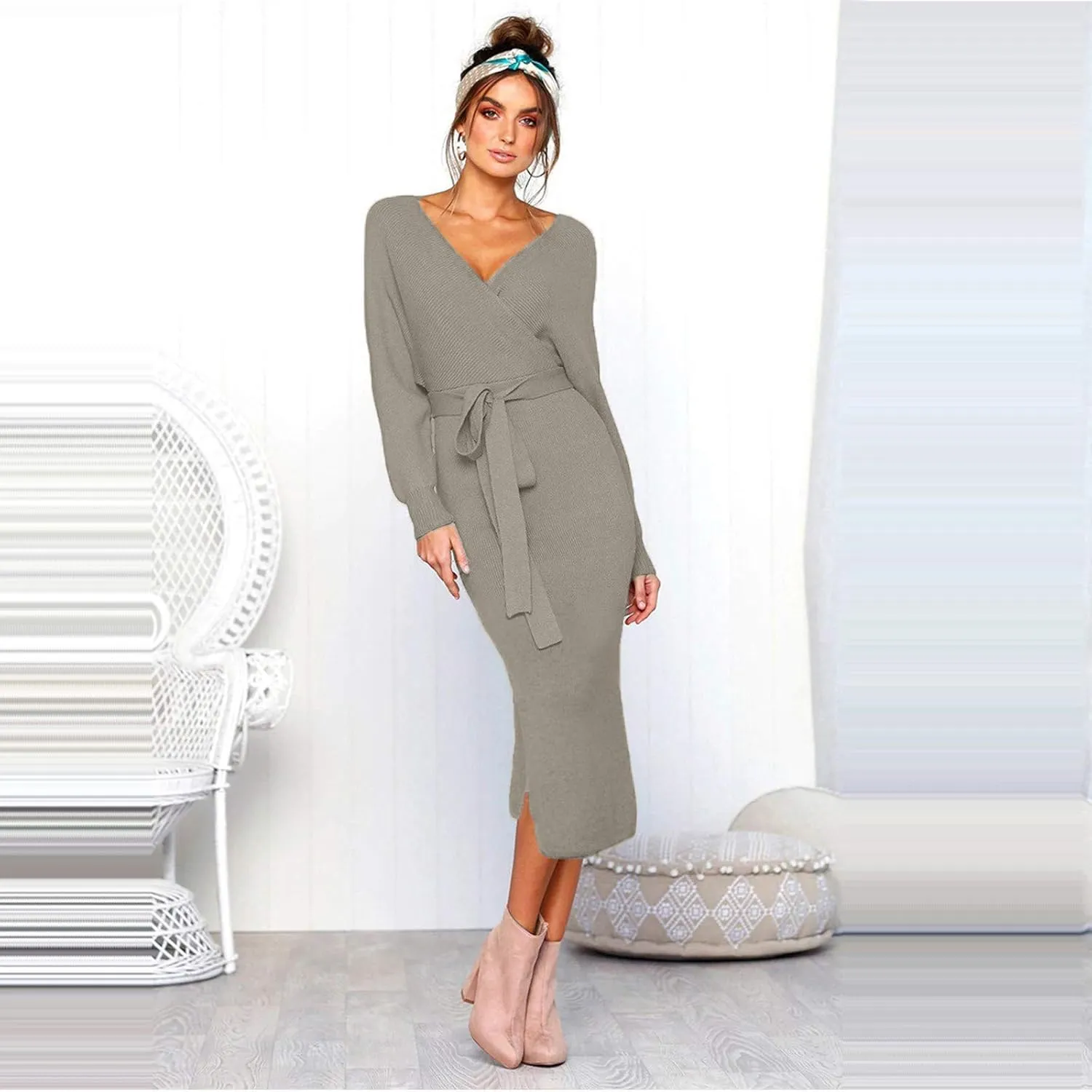 Women's Sexy Cocktail Batwing Long Sleeve Wrap Knit Sweater Dress Fashion V Neck Bodycon Pencil Midi Dresses