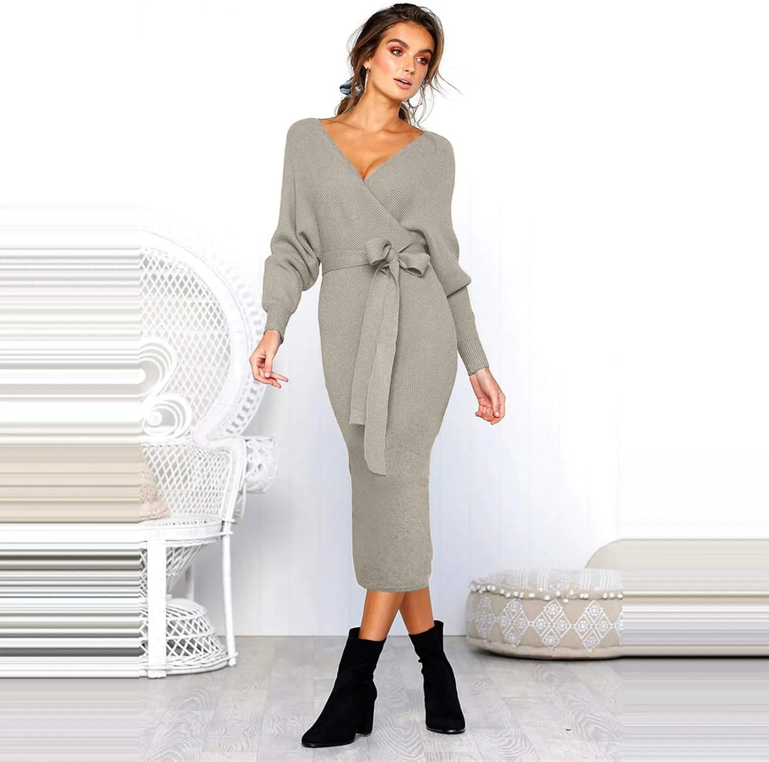 Women's Sexy Cocktail Batwing Long Sleeve Wrap Knit Sweater Dress Fashion V Neck Bodycon Pencil Midi Dresses