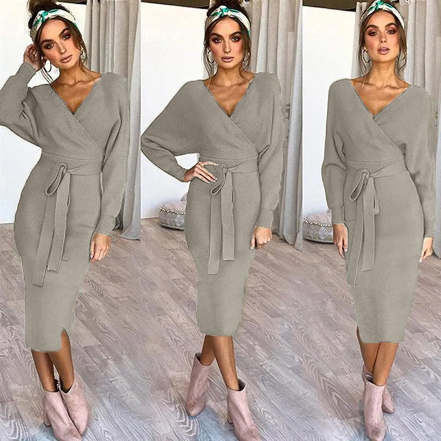 Women's Sexy Cocktail Batwing Long Sleeve Wrap Knit Sweater Dress Fashion V Neck Bodycon Pencil Midi Dresses