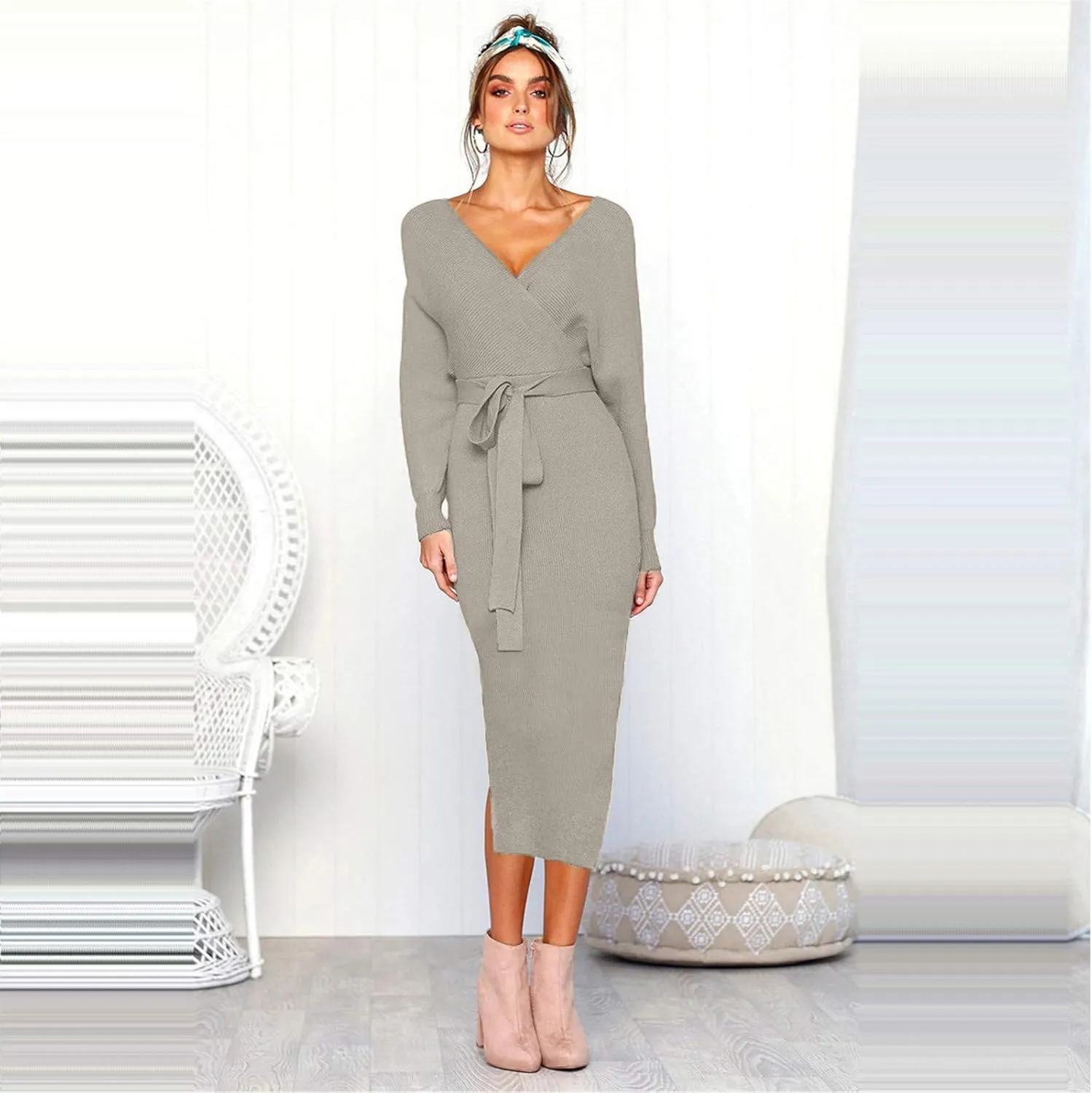 Women's Sexy Cocktail Batwing Long Sleeve Wrap Knit Sweater Dress Fashion V Neck Bodycon Pencil Midi Dresses