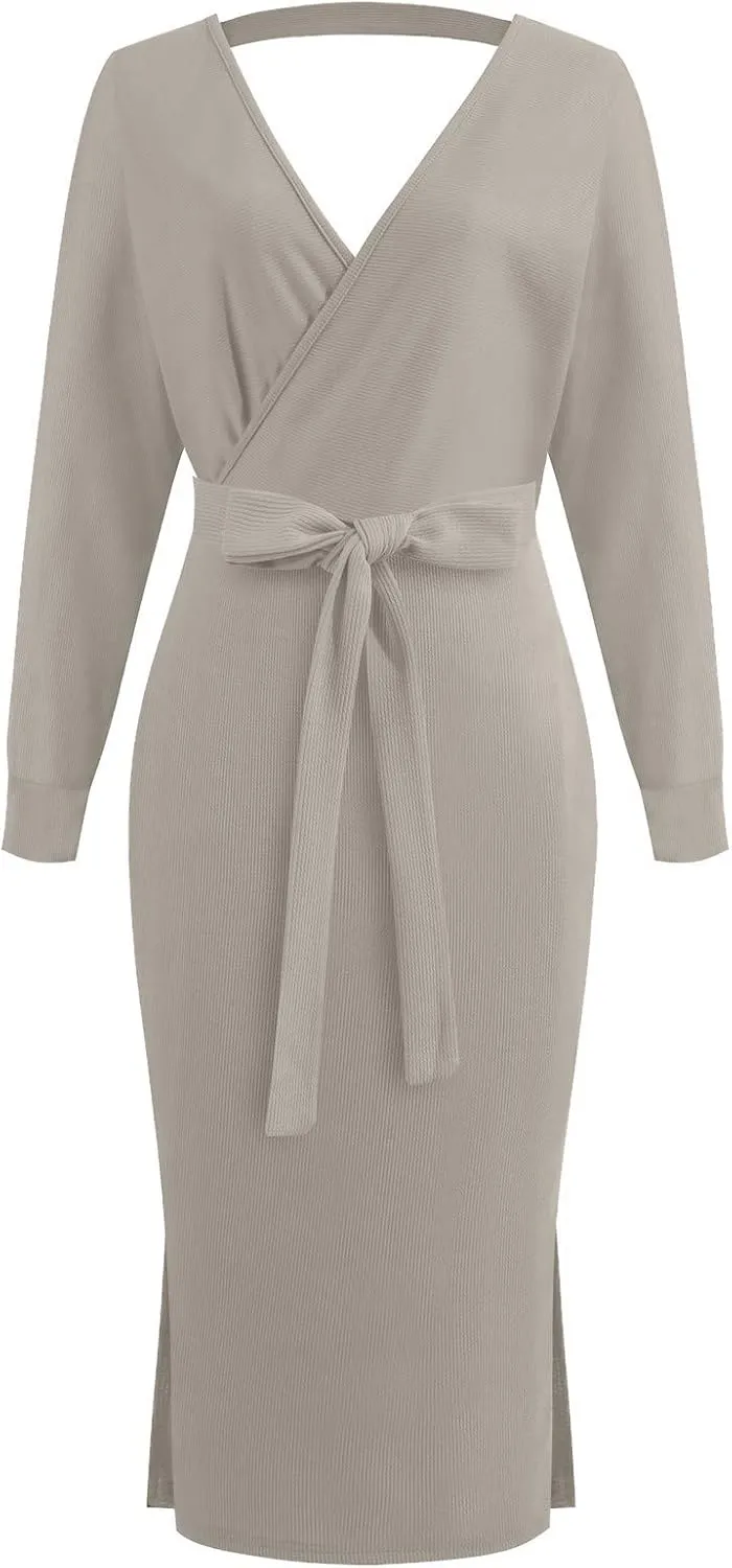 Women's Sexy Cocktail Batwing Long Sleeve Wrap Knit Sweater Dress Fashion V Neck Bodycon Pencil Midi Dresses