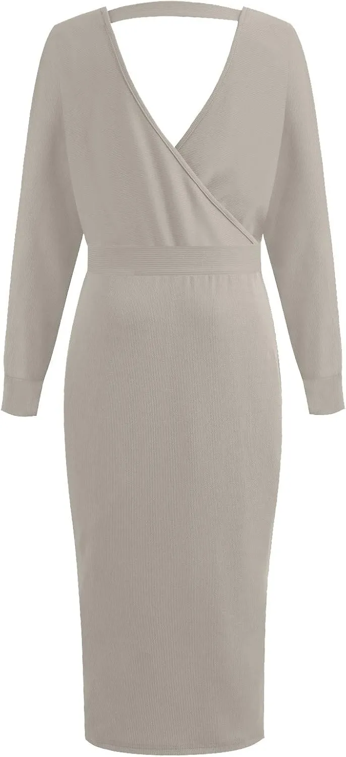 Women's Sexy Cocktail Batwing Long Sleeve Wrap Knit Sweater Dress Fashion V Neck Bodycon Pencil Midi Dresses