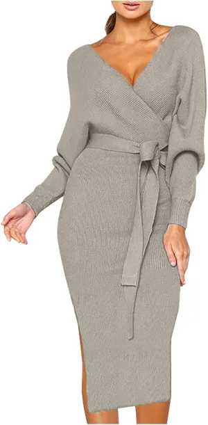 Women's Sexy Cocktail Batwing Long Sleeve Wrap Knit Sweater Dress Fashion V Neck Bodycon Pencil Midi Dresses
