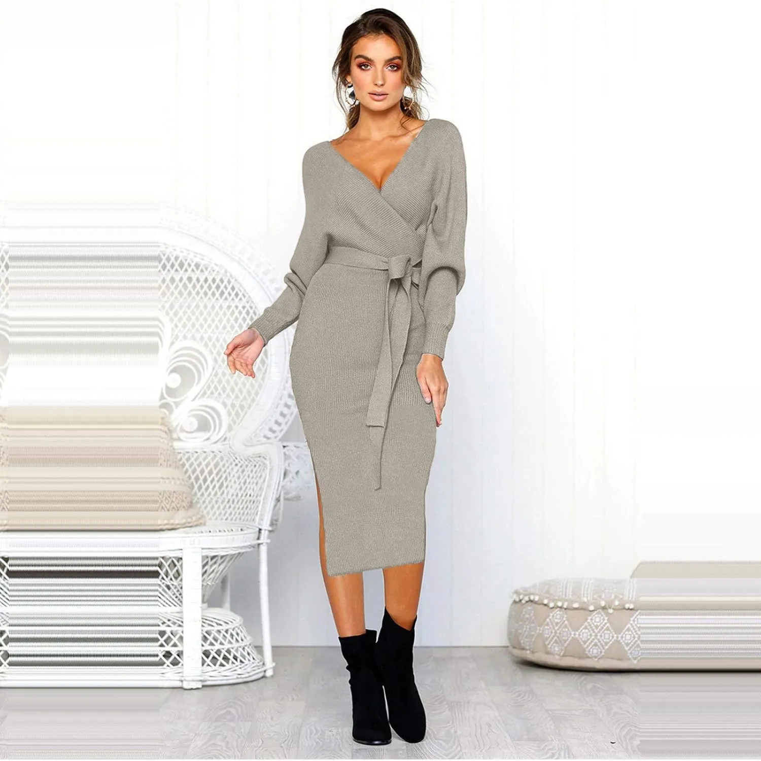 Women's Sexy Cocktail Batwing Long Sleeve Wrap Knit Sweater Dress Fashion V Neck Bodycon Pencil Midi Dresses
