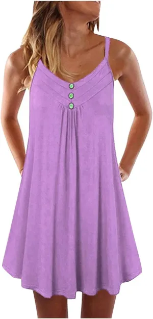 Womens Spaghetti Strap Button Front Mini Dress Casual Sleeveless Flowy A Line Sundress for Summer Vacation 2025