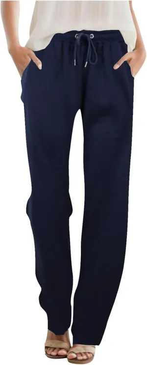 Women's Straight Long Pants Sports Fitness Loose Pants Solid Color Casual Trousers High Waist Trousers with Pocket
