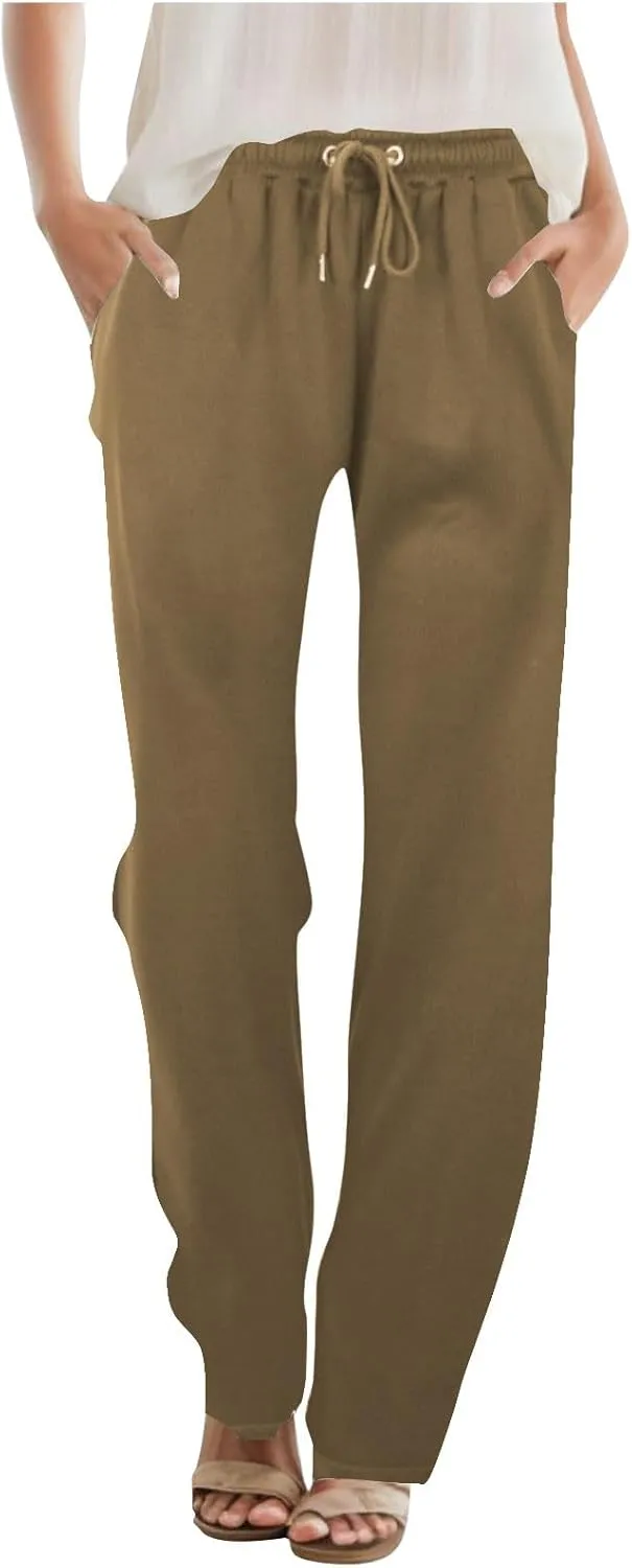Women's Straight Long Pants Sports Fitness Loose Pants Solid Color Casual Trousers High Waist Trousers with Pocket