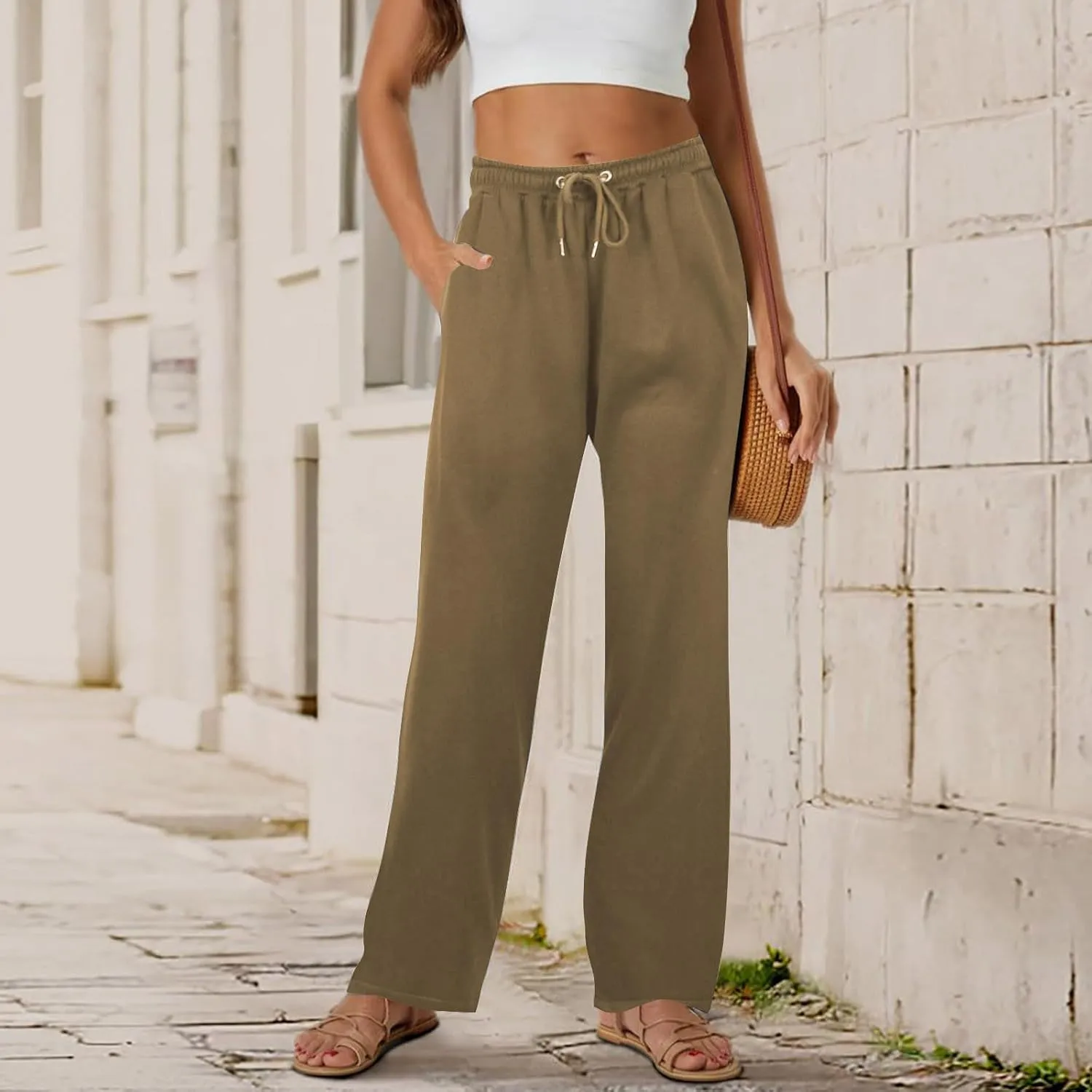 Women's Straight Long Pants Sports Fitness Loose Pants Solid Color Casual Trousers High Waist Trousers with Pocket