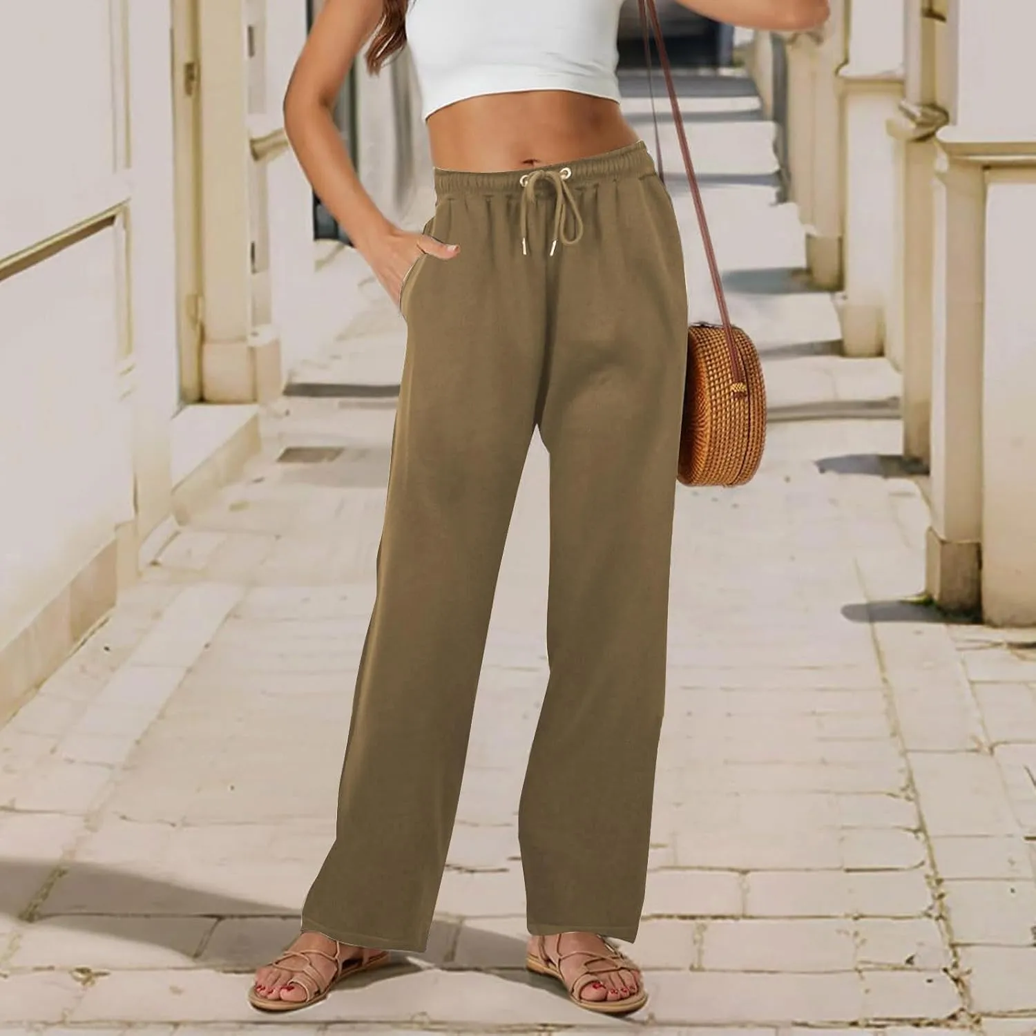 Women's Straight Long Pants Sports Fitness Loose Pants Solid Color Casual Trousers High Waist Trousers with Pocket