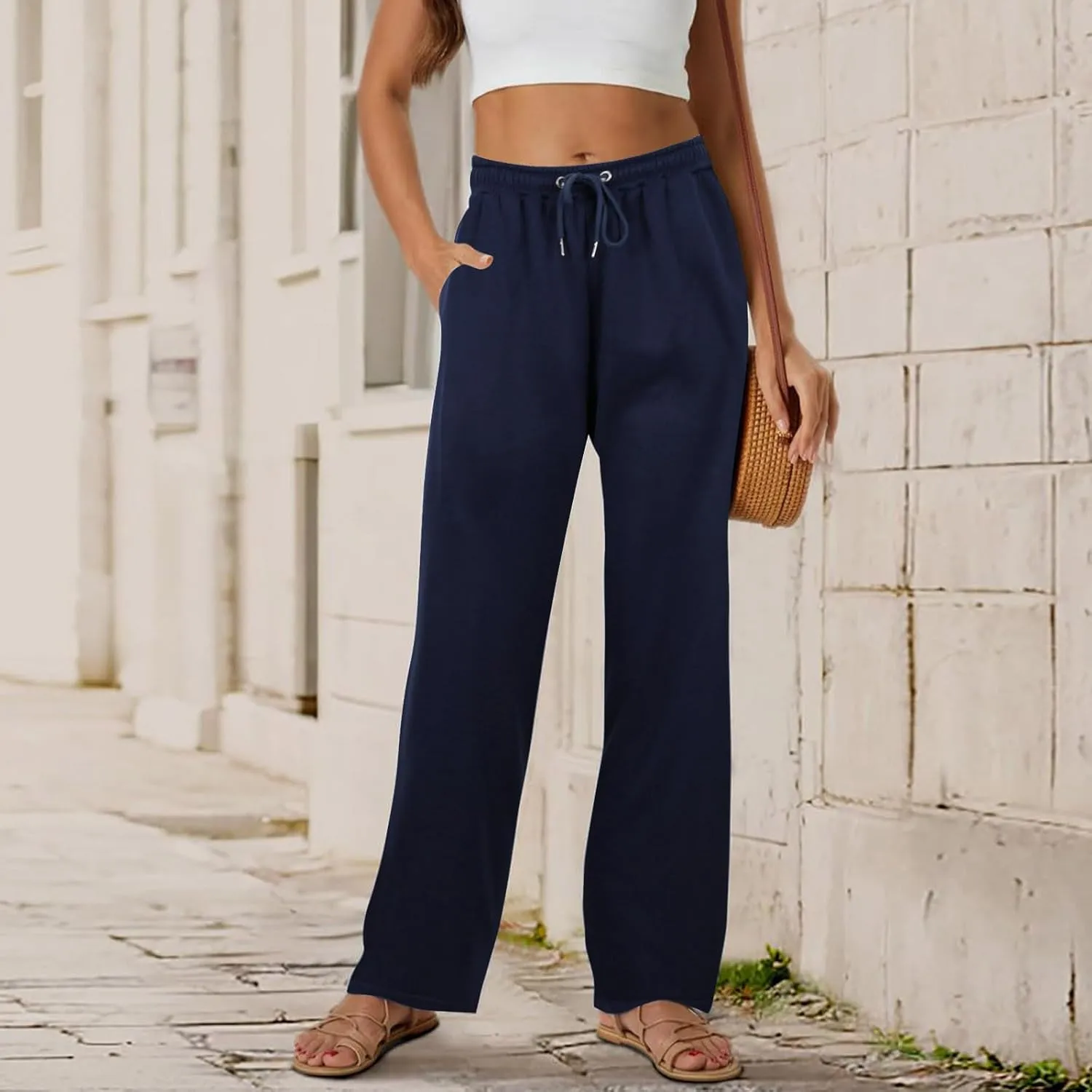 Women's Straight Long Pants Sports Fitness Loose Pants Solid Color Casual Trousers High Waist Trousers with Pocket