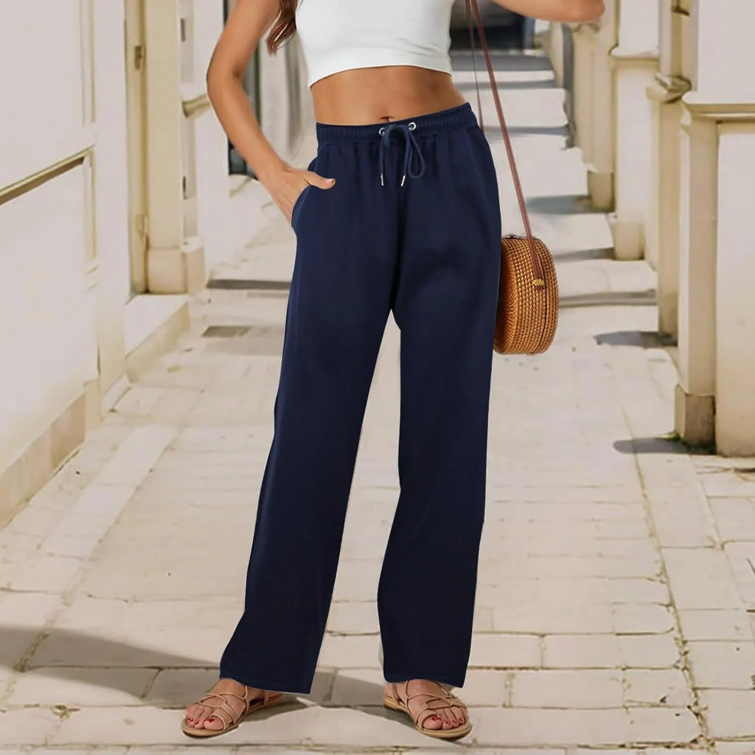 Women's Straight Long Pants Sports Fitness Loose Pants Solid Color Casual Trousers High Waist Trousers with Pocket