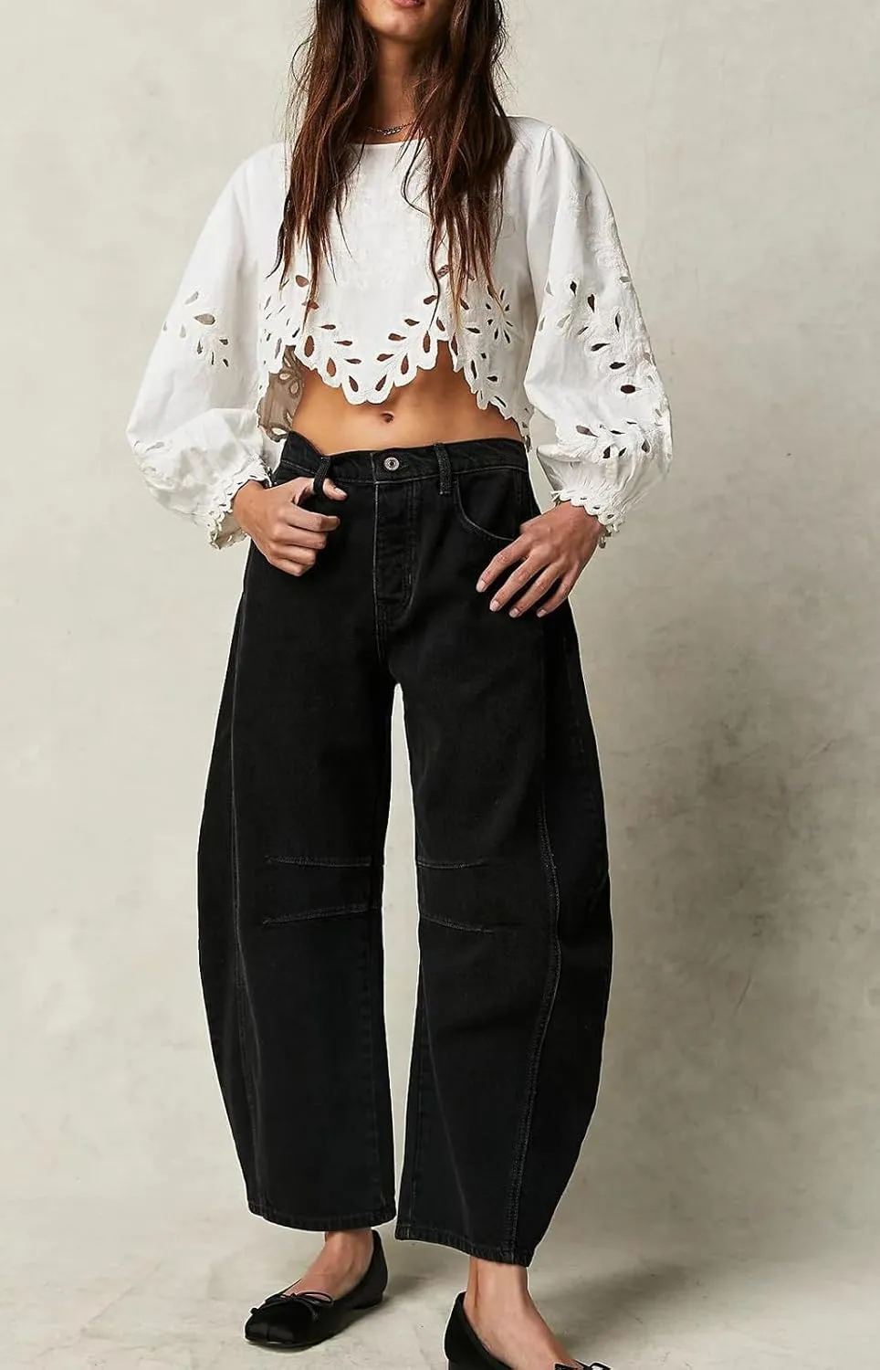 Womens Stretchy Mid Rise Barrel Jeans Vintage Loose Wide Leg Cropped Denim Pants Y2k Baggy Boyfriend Jeans