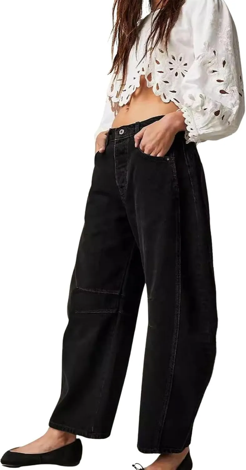 Womens Stretchy Mid Rise Barrel Jeans Vintage Loose Wide Leg Cropped Denim Pants Y2k Baggy Boyfriend Jeans