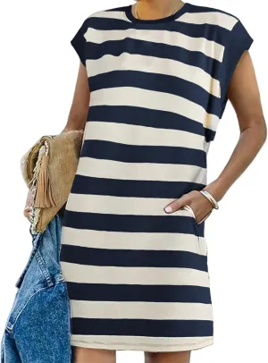 Womens Striped Dress 2025 Casual Summer Crewneck Cap Sleeve Mini Dresses Short A Line Shirt Dress with Pockets