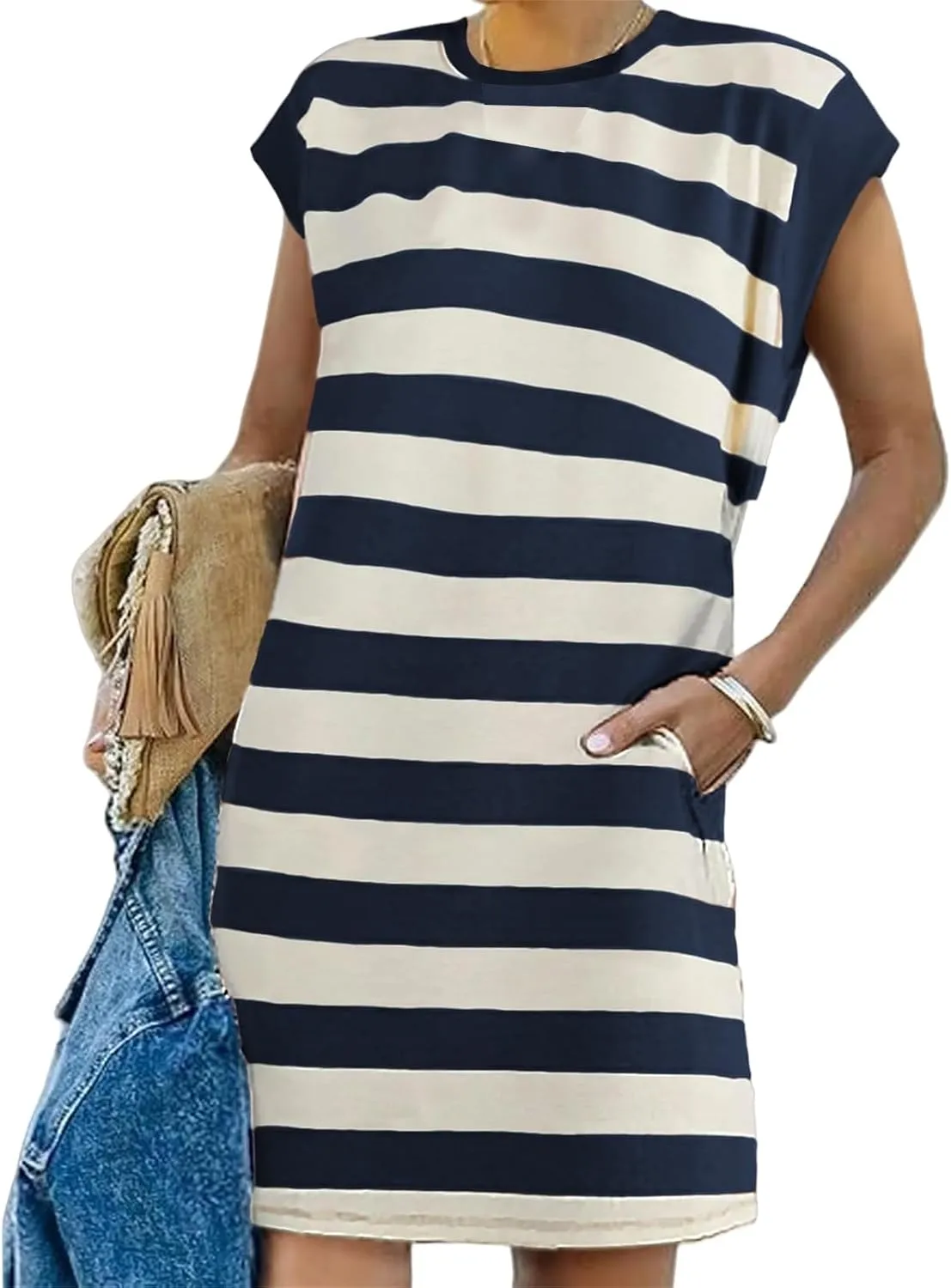 Womens Striped Dress 2025 Casual Summer Crewneck Cap Sleeve Mini Dresses Short A Line Shirt Dress with Pockets