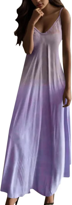 Women's Summer Dresses Spaghetti Strap Long Dress Plus Size Casual V Neck Gradient Print Sundress Beach Vacation Maxi Dresses