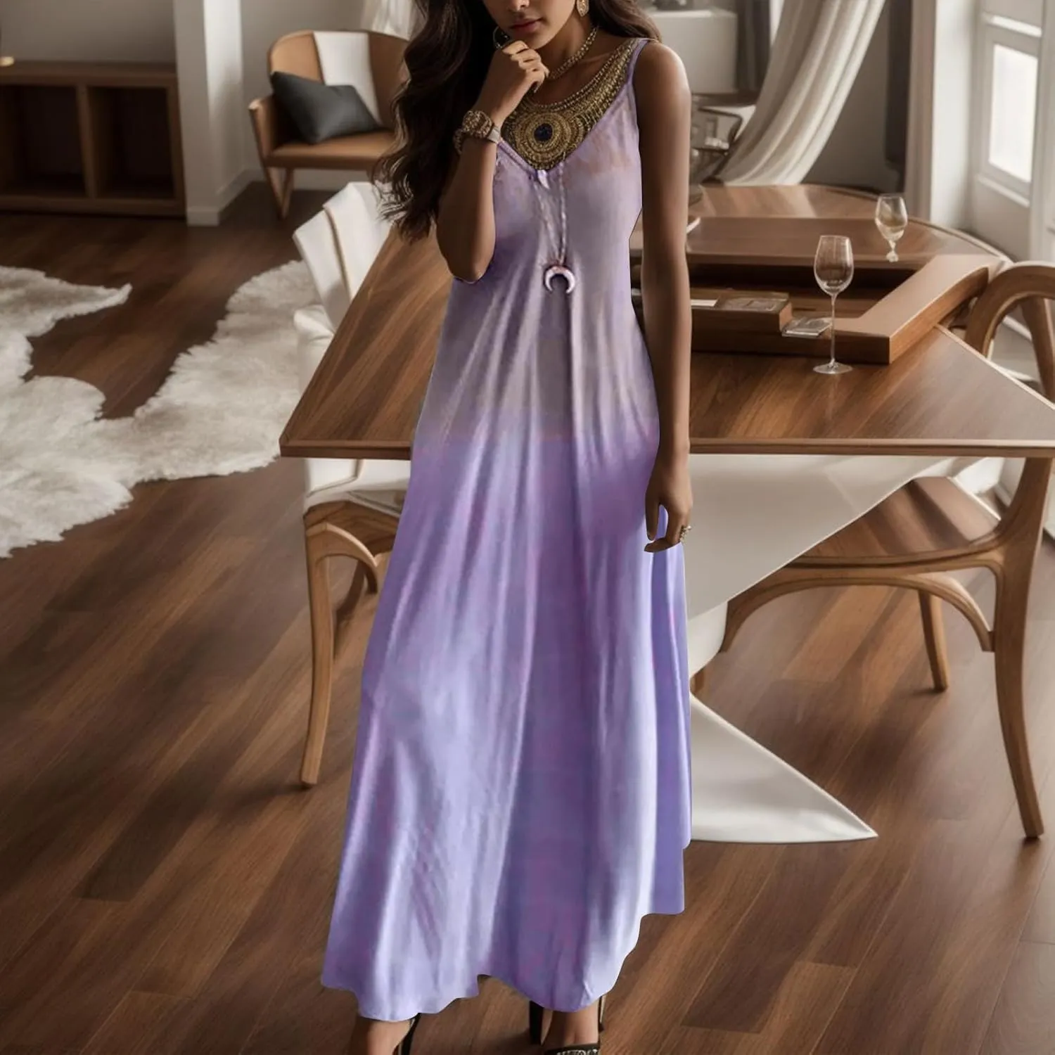 Women's Summer Dresses Spaghetti Strap Long Dress Plus Size Casual V Neck Gradient Print Sundress Beach Vacation Maxi Dresses