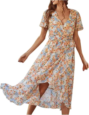 Women's Summer Floral Maxi Dresses Swing Beach Vacation Short Sleeve Deep V-Neck Fashion Casual Long Dresses