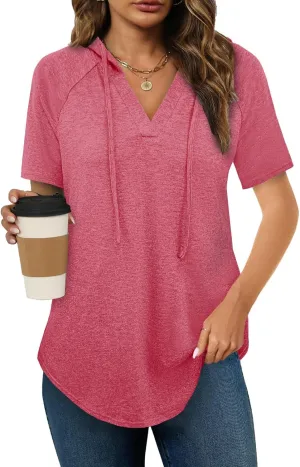 Womens Summer Tops Fashion Short Sleeve Hoodie Shirts Casual Loose Tunic Sweatshirts