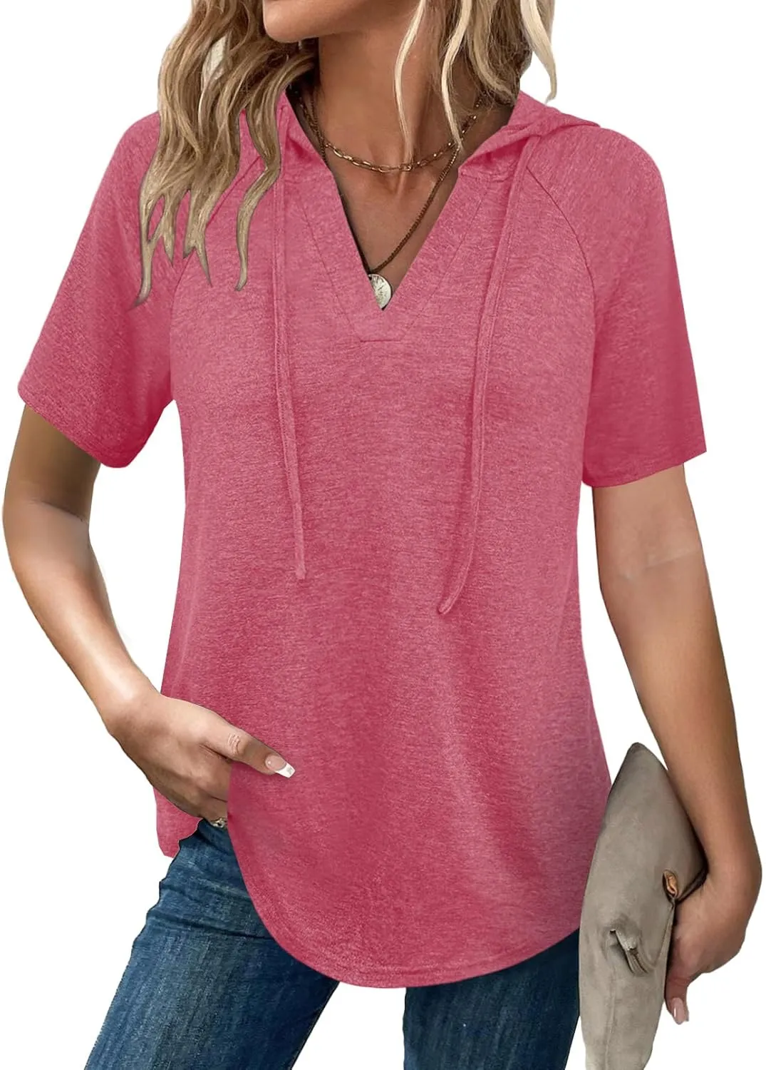 Womens Summer Tops Fashion Short Sleeve Hoodie Shirts Casual Loose Tunic Sweatshirts