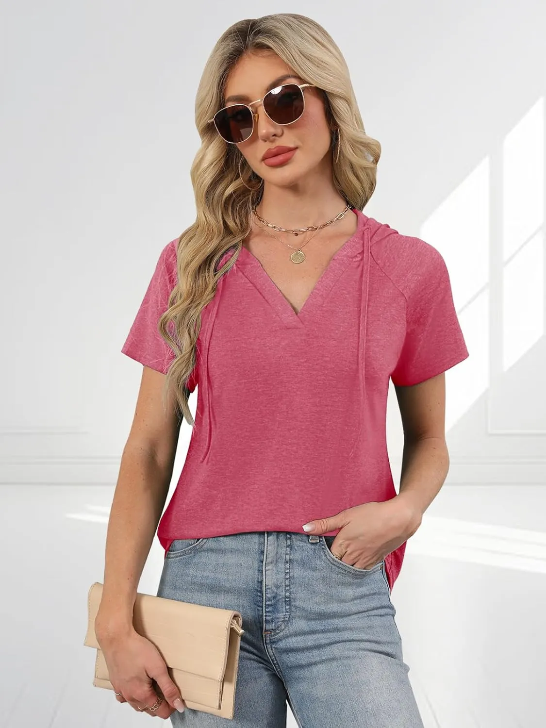 Womens Summer Tops Fashion Short Sleeve Hoodie Shirts Casual Loose Tunic Sweatshirts